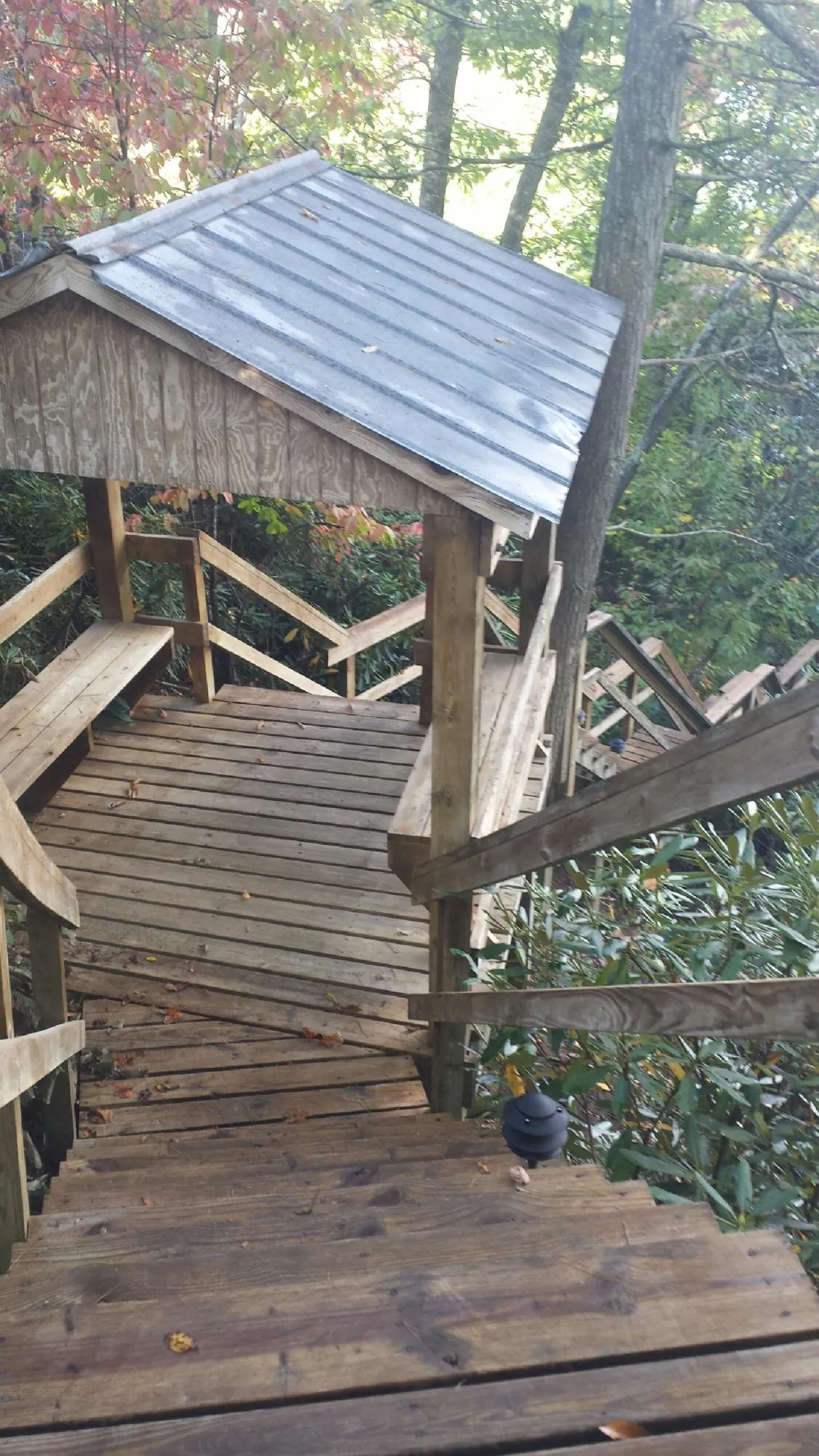 Metal roofed shelter over wooden steps on a wooded walkway — Skylight Repair & Installation work by our crew in Swanlake